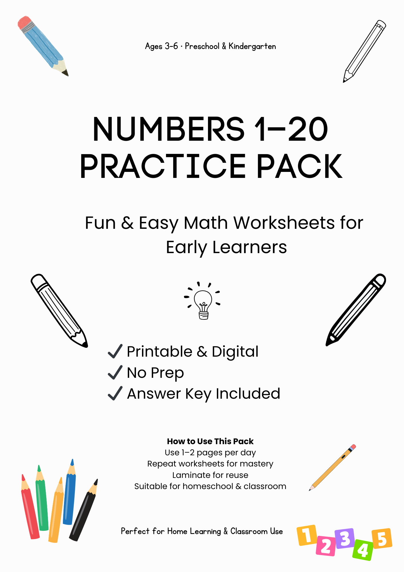 Numbers 1–20 Printable Workbook for Preschool & Kindergarten (Ages 3–6) | Instant Download